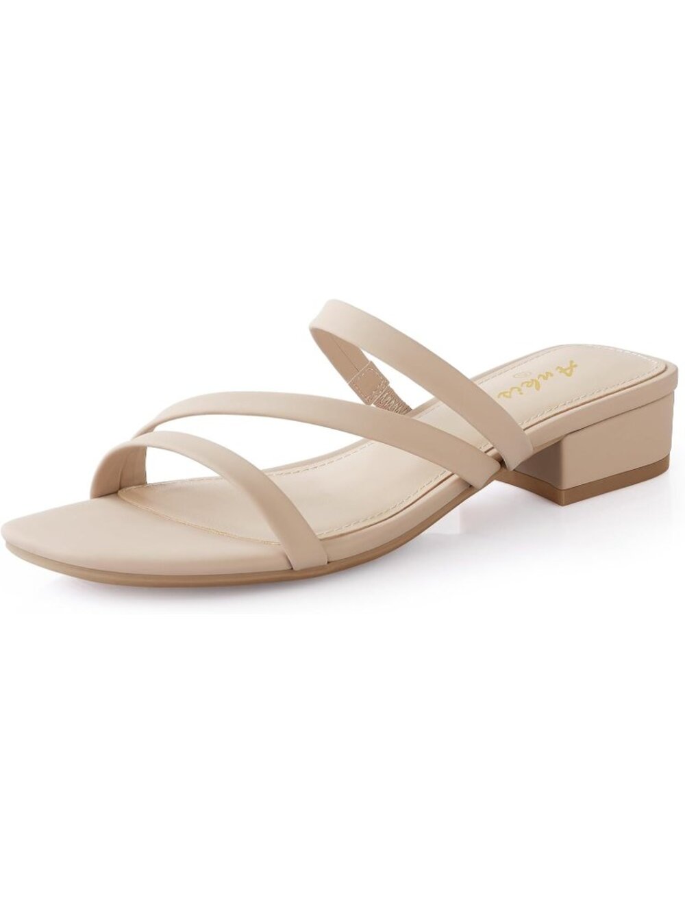 Women's Nude PU 1 Inch Low Chunky Block Heel Sandals Square Open Toe Slip On